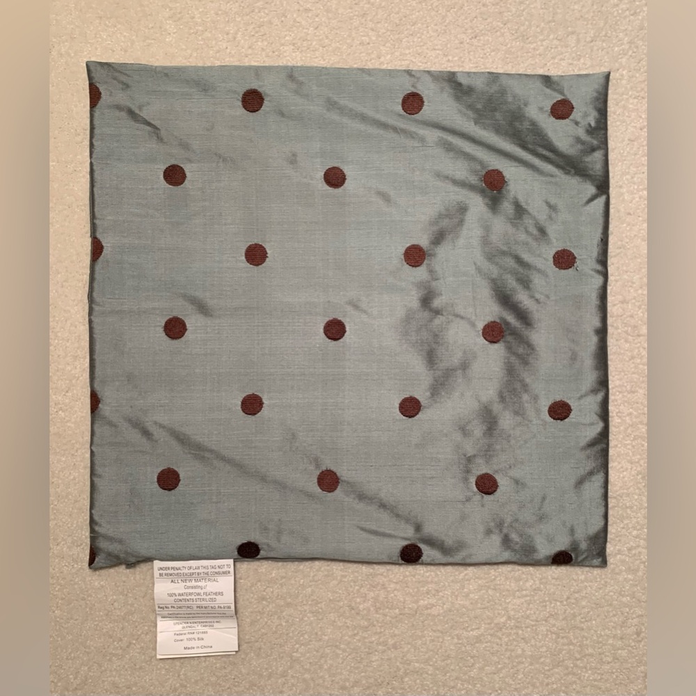 100% raw silk pillow cover with polka dots. Sage blue color with brown dots.